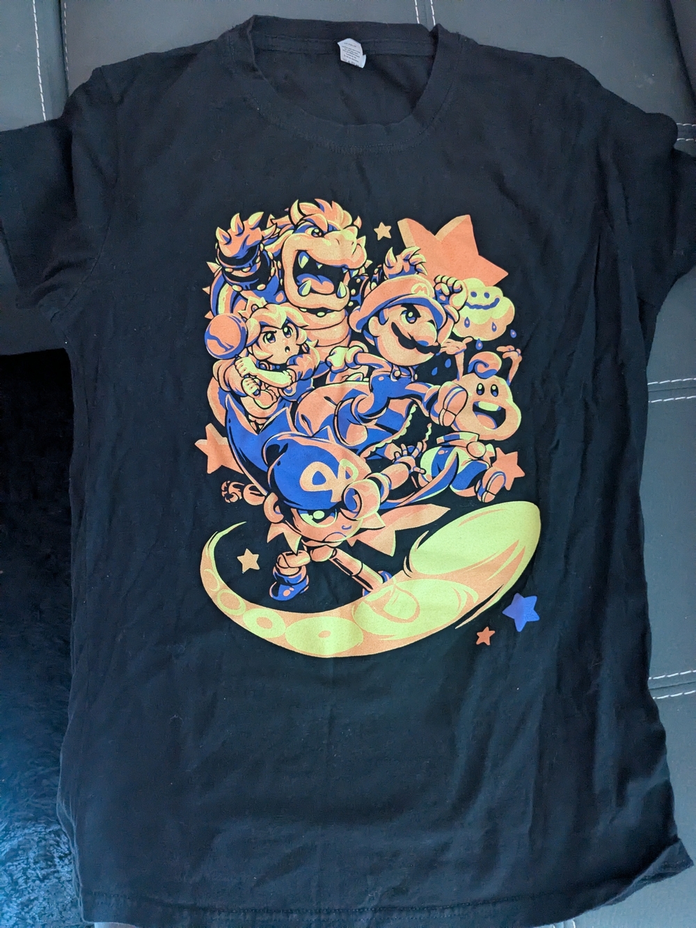 Retro Nintendo Character Graphic Tee in Black with Neon Art